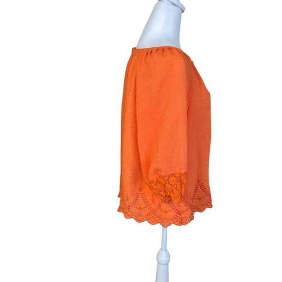Fig & Flower Womens Boho Peasant Top Orange 3/4 Sleeve Lace Eyelet Lightweight - Picture 5 of 11